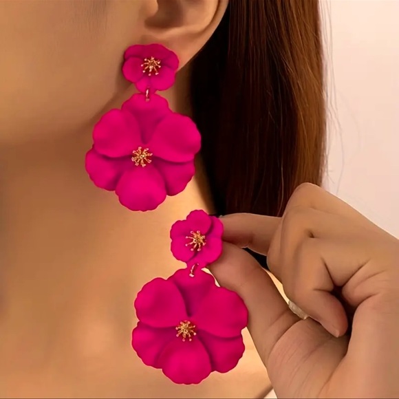 Rose Pinkish Red, Double Flower Dangle, Gold Center, Boho, Vacation Earrings - Picture 1 of 8